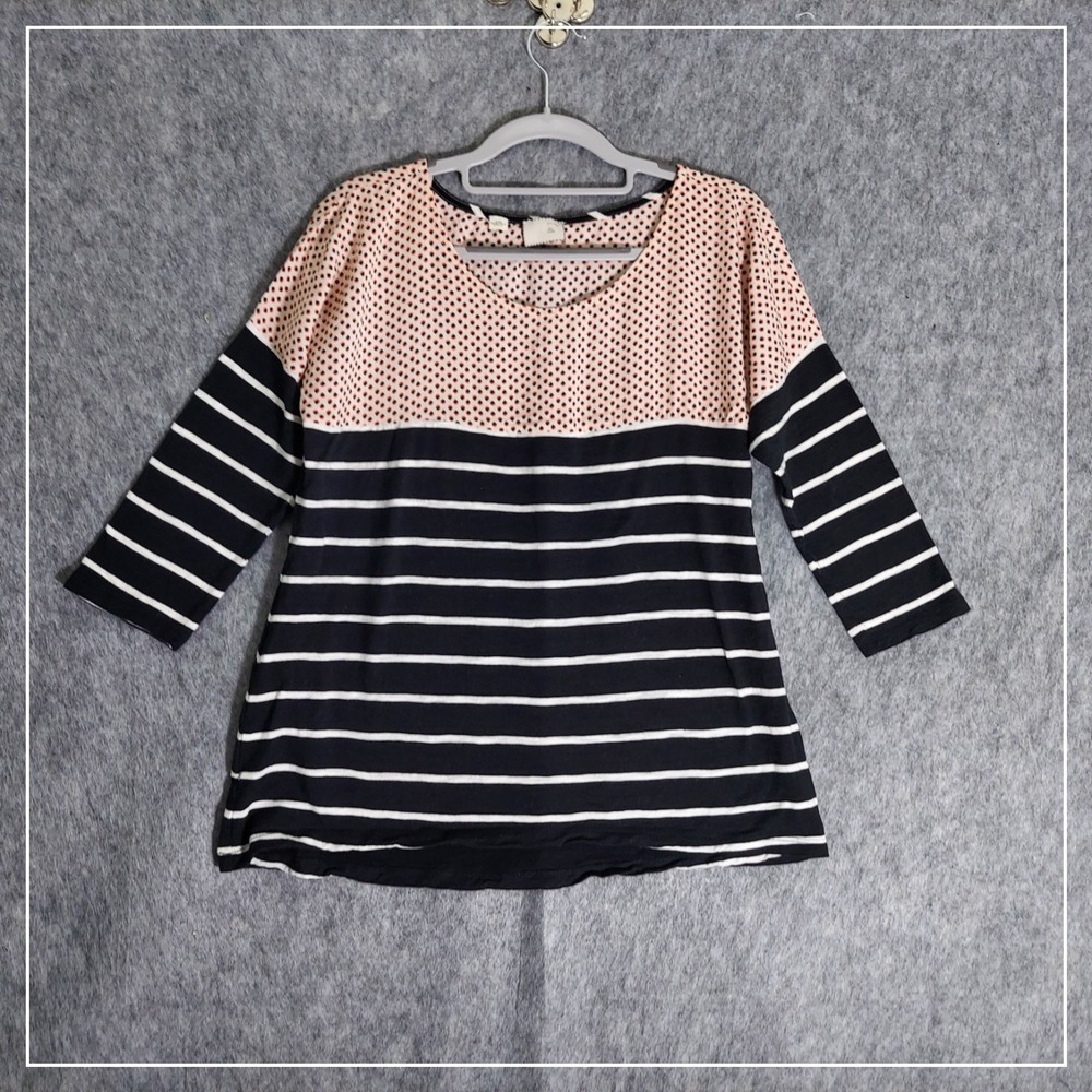 Postmark Top Women Small Black White Striped Polka Dot Mixed Media 3/4 Sleeve
